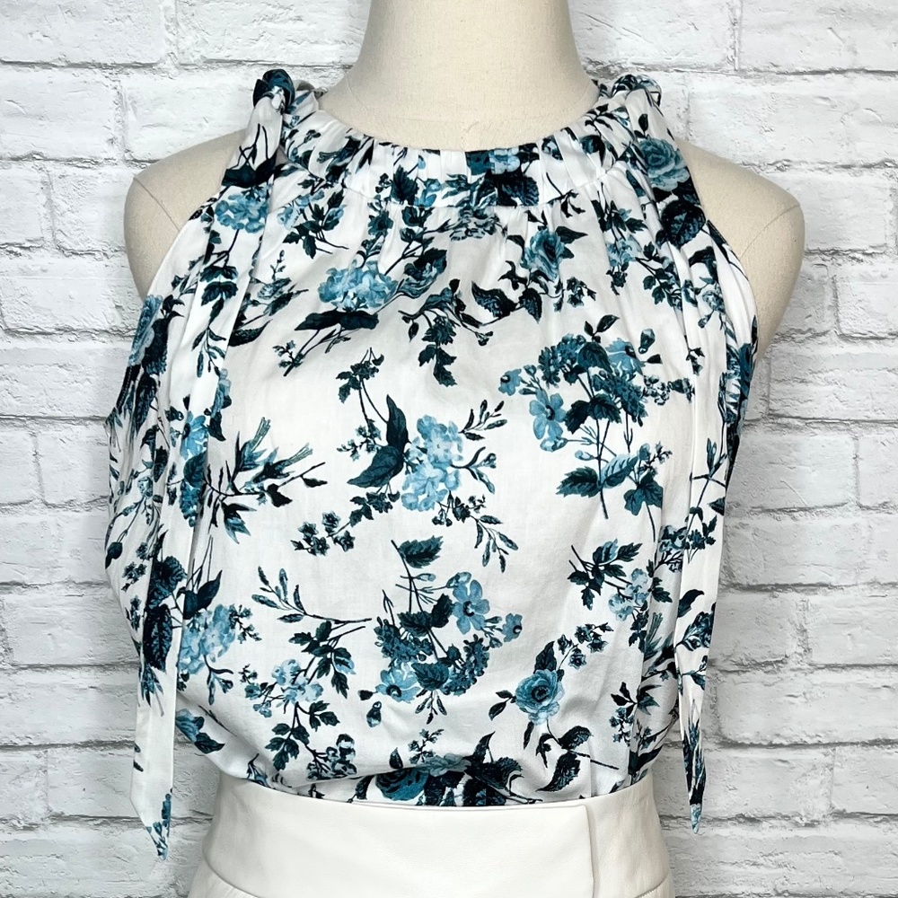 Like New ERDEM White Floral Halter Tank Top with Teal Blue Print